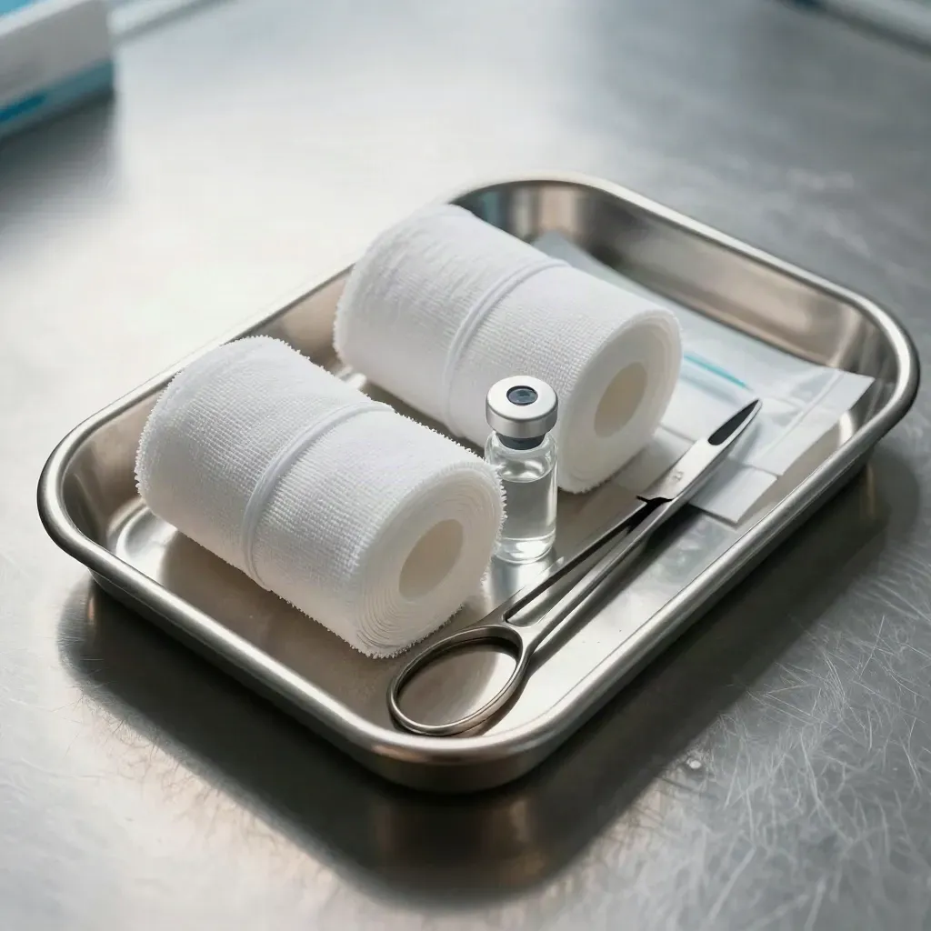 Stainless clinic tray with gauze rolls, glass vials and forceps on brushed metal
