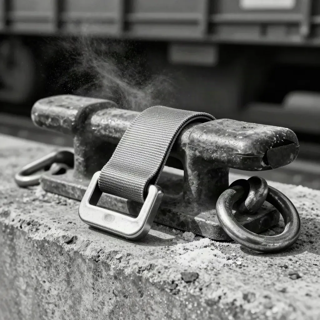 Macro freight still life with strap buckle, dock cleat, corner protector and steel ring on rough concrete.