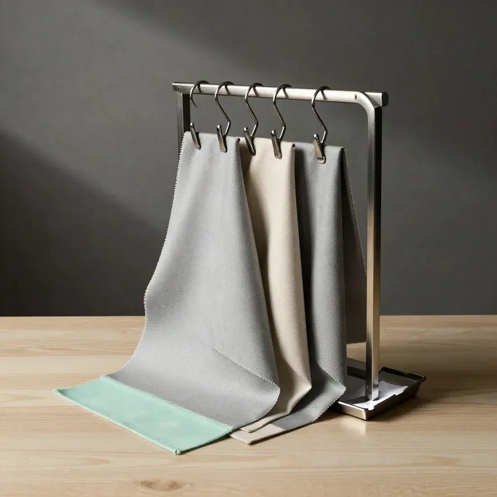 Retail still life with hanger hooks, fabric swatches, display rail and receipt tray on pale wood.