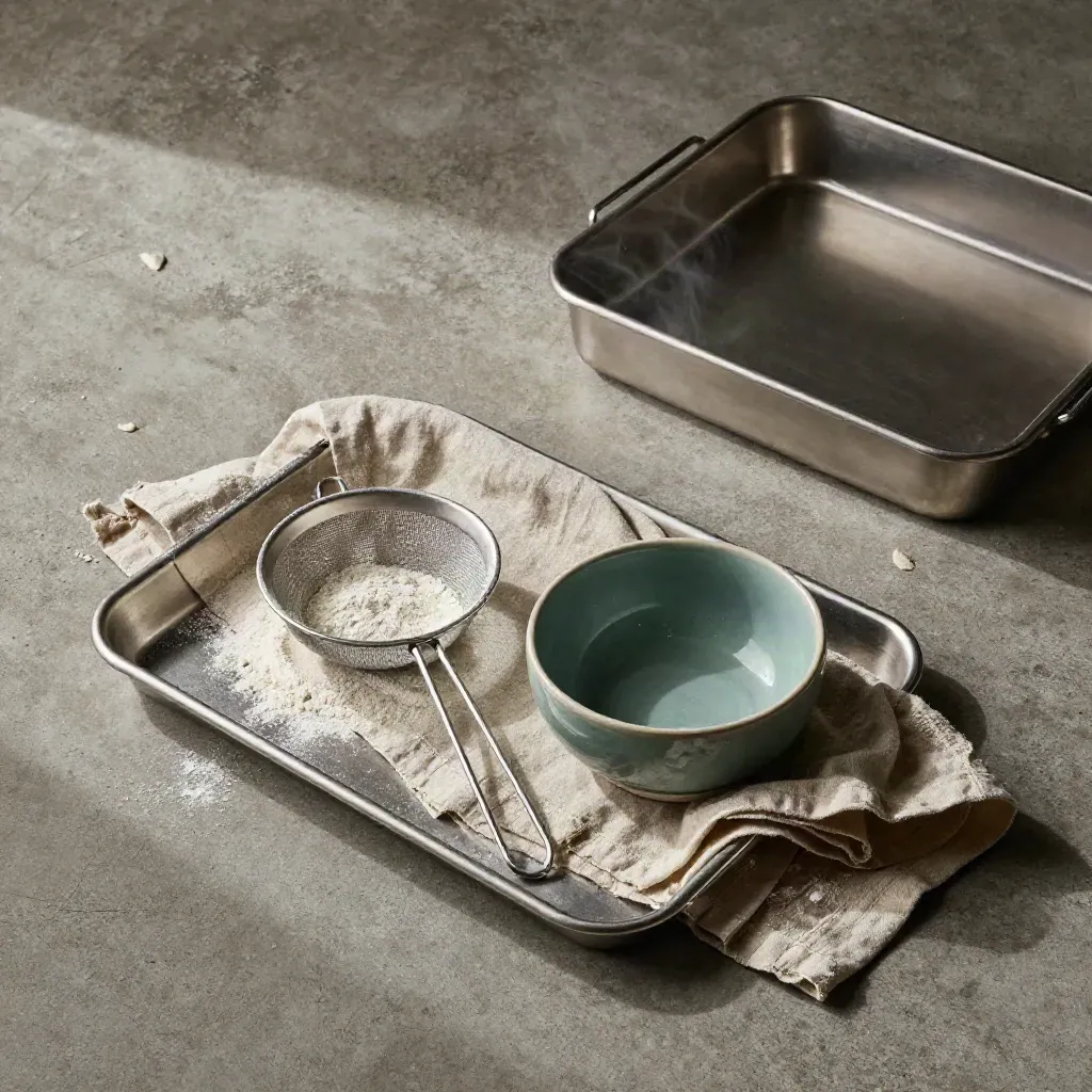 Top-down prep tray, linen cloth, sieve and teal bowl on concrete with steam and crumbs.