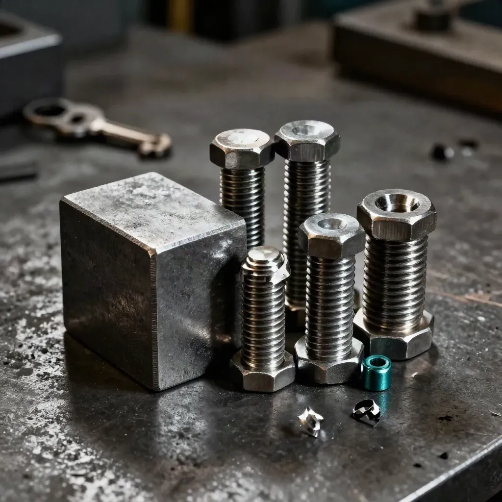 Steel sample blocks, bolts and swarf on brushed metal with a teal spacer accent.
