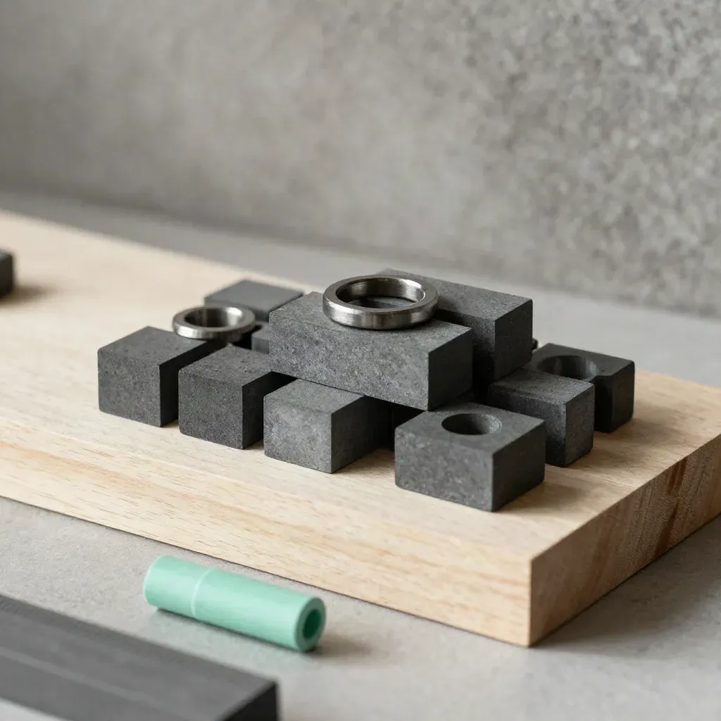 Graphite blocks, rings and mint spacers on pale wood with soft daylight.