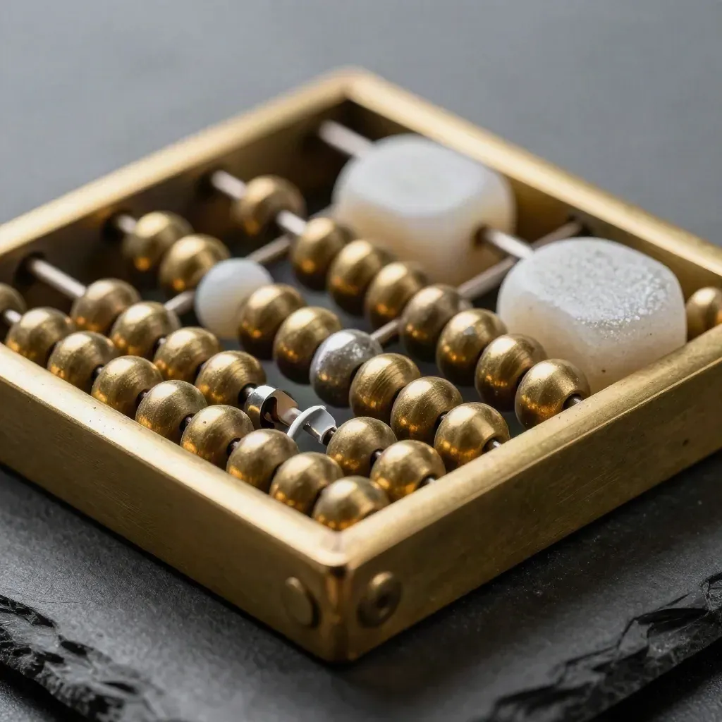 Brass abacus with shifted beads beside two matte paperweights on graphite stone.