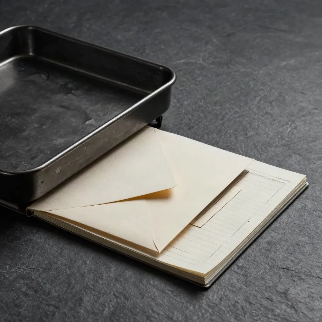 Side-on still life of steel trays, envelope and ledger binder on graphite stone under hard light.