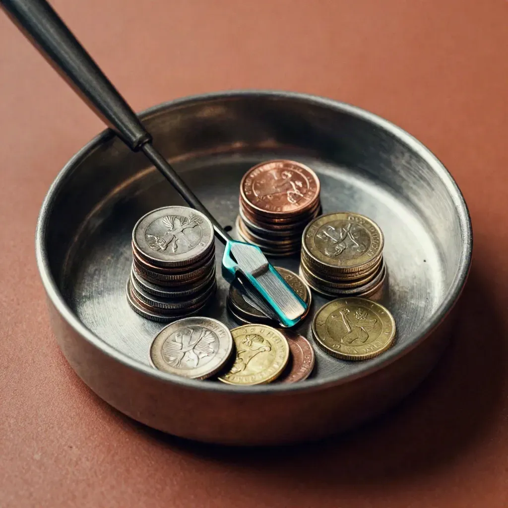 Macro coin-sorting bowl with stacked mixed coins and a brushed-metal tally tool