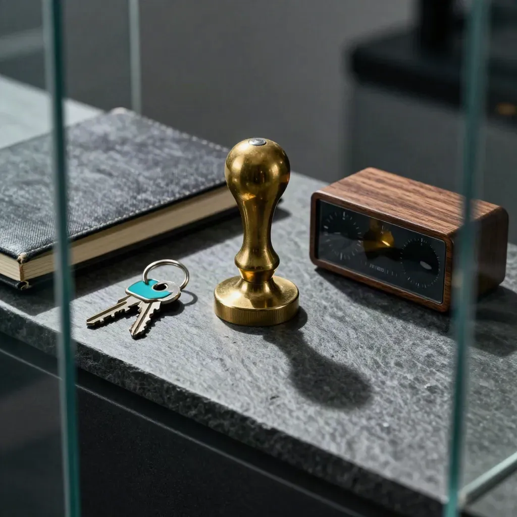 Brass seal embosser, keys, notebook and timer on slate, seen through blurred glass