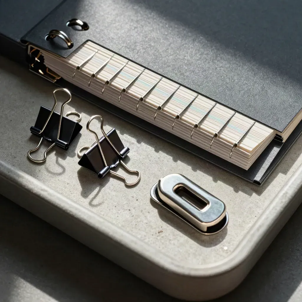 Top-down binder, dividers, clips and paperweight on pale concrete, seen through a tray edge