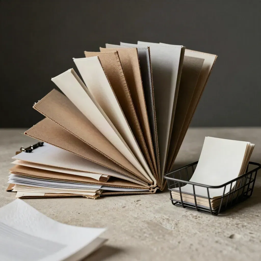 Mailing tubes, swatches, clipped folders and a receipt basket on brushed stone, lit dramatically.