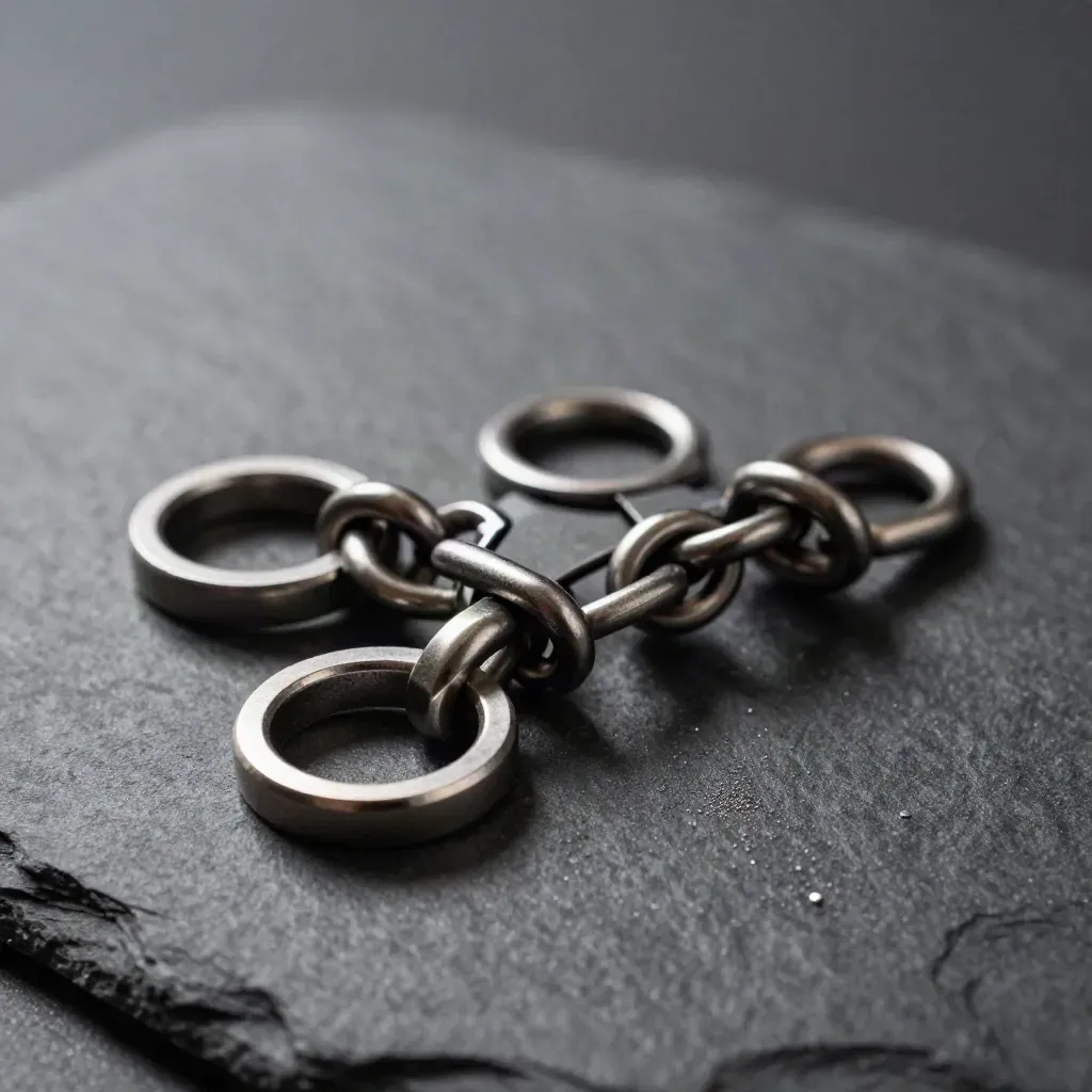 Linked steel rings and a bridge block on slate under hard upper-left studio light.