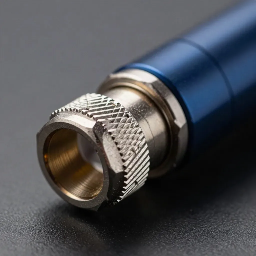 Macro of a locked metal coupling with a navy collar on brushed steel, lit from upper left.