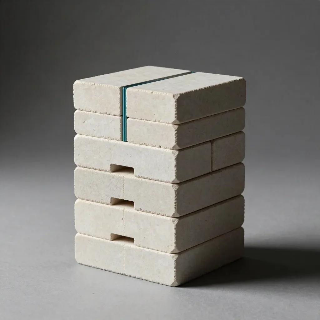 Graphite modular blocks aligning on pale stone with a teal connector, viewed from above.