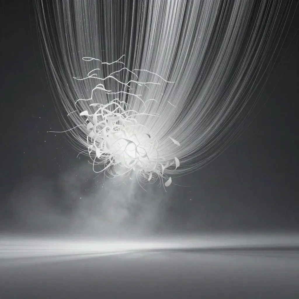Silver light filaments swirl toward a white bloom in graphite space.