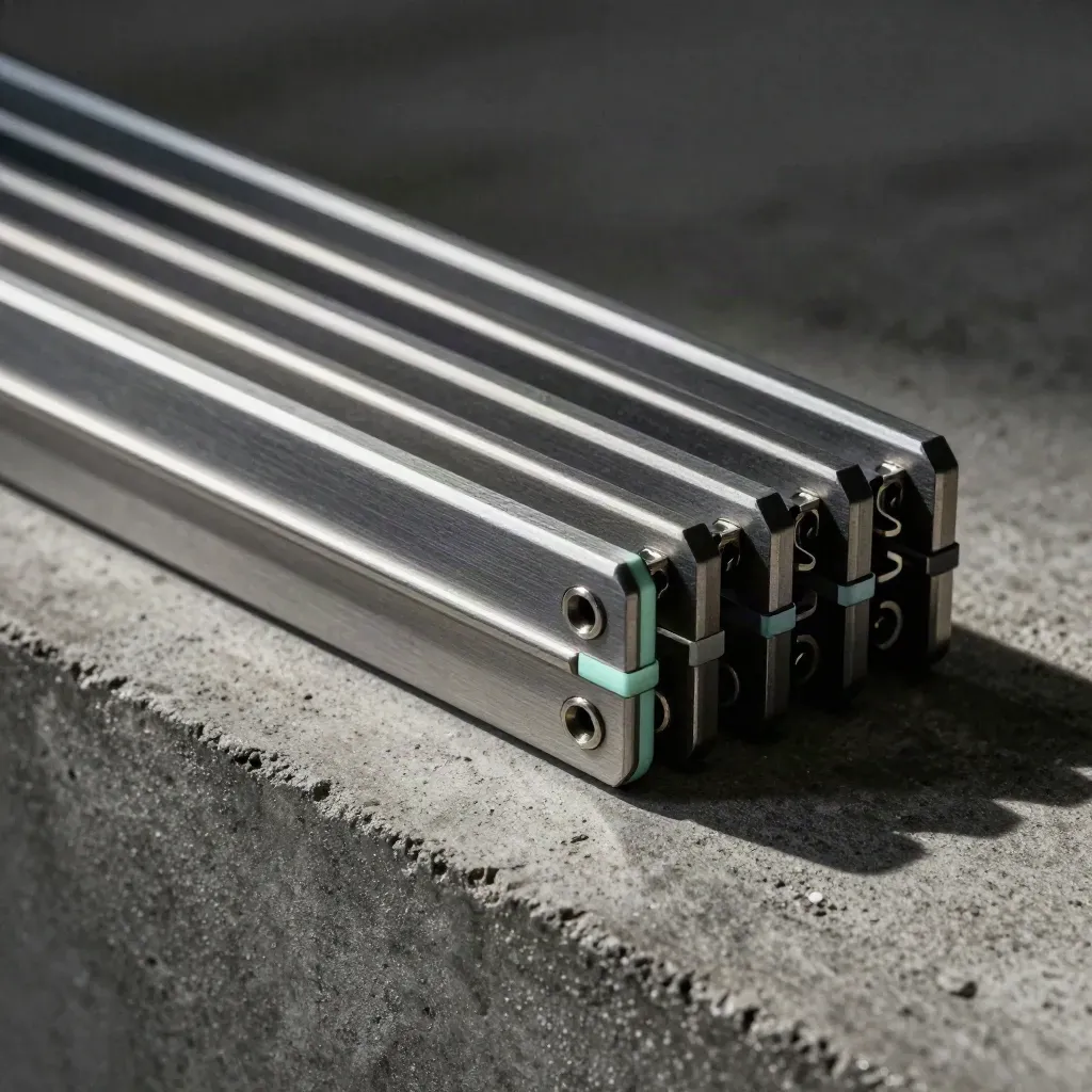 Nested metal brackets and connector plates on concrete, lit dramatically with soft shadow.